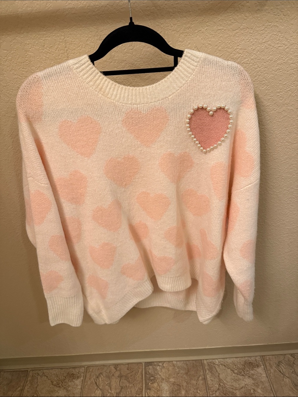 Vince Camuto Cream Sweater with Light Pink Heart Motif and Pearl Trim